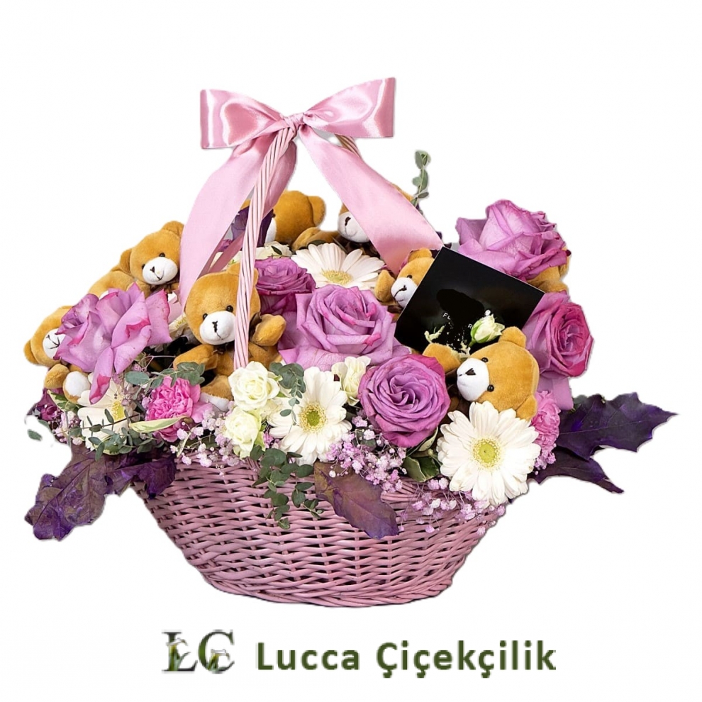 AYICIKLI PEMBE GÜL ÇİÇEK SEPETİ